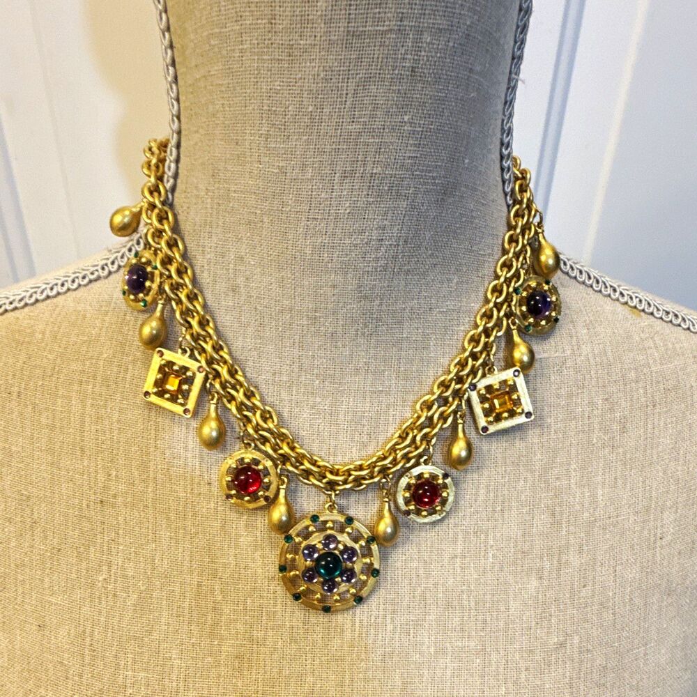 Statement Gold Tone Oval Link Chain Necklace Multicolor Crystal Charm 16in